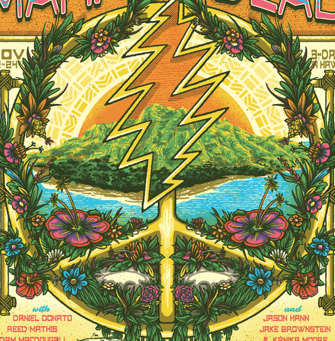 Colorful concert poster for The Grateful Dead with a mountain and lightning design.