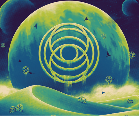 Surreal landscape with a large green planet featuring a central spiral design, set against a starry night sky.